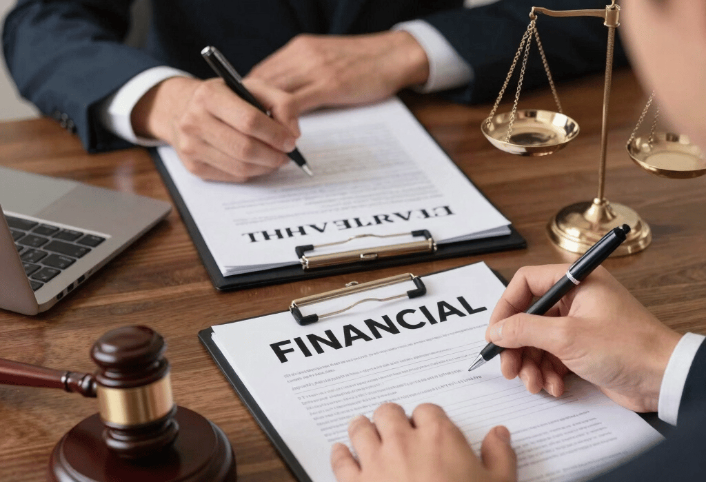 Profesionales revisando documentos legales y financieros